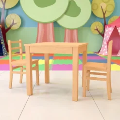 Emma And Oliver Kids Natural Solid Wood Table And Chair Set For Classroom, Playroom, Kitchen
