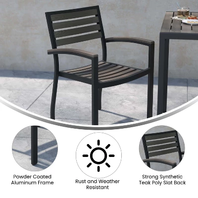 Emma And Oliver Set Of 2 Stackable All-Weather Aluminum Patio Chairs With Faux Teak Slats - Image 5