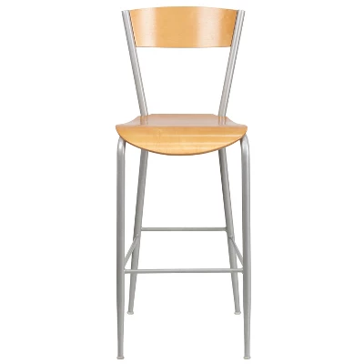 Emma And Oliver 2 Pack Silver Metal Restaurant Barstool - Natural Wood Back & Seat - Image 4