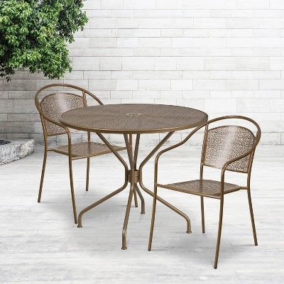 Emma And Oliver Commercial Grade 35.25" Round Gold Patio Table Set-2 Round Back Chairs