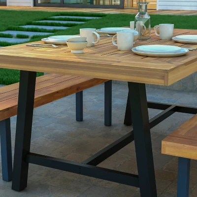 Emma And Oliver Natural Finish Solid Acacia Wood Dining Table With Black Metal Legs For Indoor And Outdoor Use - Image 2