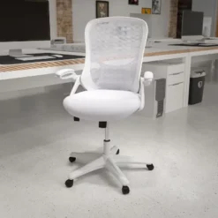 Emma And Oliver High Back White Mesh Ergonomic Office Chair With White Frame And Flip-up Arms