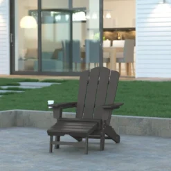 Emma And Oliver Adirondack Chair With Cup Holder And Pull Out Ottoman, All-Weather HDPE Indoor/Outdoor Lounge Chair