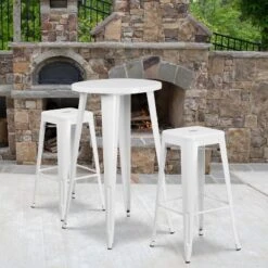 Emma And Oliver Commercial Grade 24" Round Metal Indoor-Outdoor Bar Table Set, 2 Backless Stools
