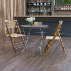 Emma And Oliver 2.6-Foot Round Brown Rattan Plastic Folding Table - Outdoor Event Table