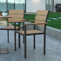 Emma And Oliver Outdoor Stacking Side Chair With Faux Teak Poly Slat Seat, Back And Arms And Metal Frame