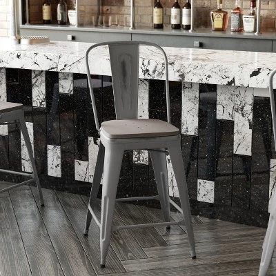 Emma And Oliver Clear Coated Metal Stool With Backrest And Polyresin Seat For Indoor Use Only - Image 5