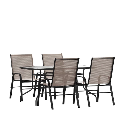 Emma And Oliver Five Piece Patio Table Set With Metal Table With Tempered Glass Top And 4 Flex Comfort Stacking Chairs - Image 11
