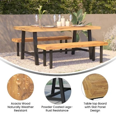 Emma And Oliver Natural Finish Solid Acacia Wood Dining Table With Black Metal Legs For Indoor And Outdoor Use - Image 4