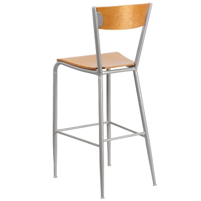 Emma And Oliver 2 Pack Silver Metal Restaurant Barstool - Natural Wood Back & Seat - Image 2