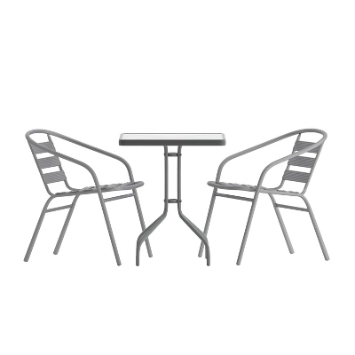 Emma And Oliver 23.5'' Square Glass Top Metal Table With 2 Aluminum Slat Stack Chairs - Image 12