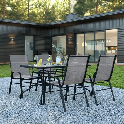 Emma And Oliver Five Piece Patio Table Set With Metal Table With Tempered Glass Top And 4 Flex Comfort Stacking Chairs