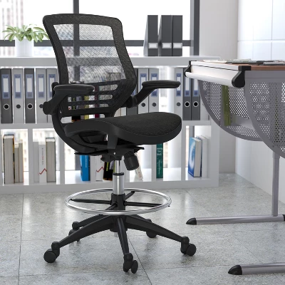 Emma And Oliver Mid-Back Transparent Mesh Drafting Chair With Flip-Up Arms