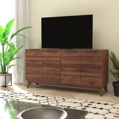 Emma And Oliver Dark Walnut Mid-Century Modern Buffet/TV Stand With Soft Close Doors & Shelving