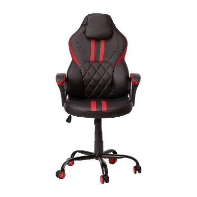 Emma And Oliver Ergonomic High Back Swivel Gaming Chair With Diamond Stitch Black Faux Leather Upholstery With Red Accent Stripes, Padded Arms - Image 4