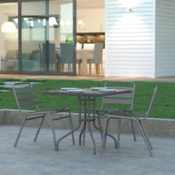 Emma And Oliver 31.5" Square Tempered Glass Metal Table With Smooth Ripple Design Top