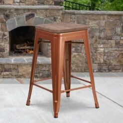 Emma And Oliver 24"H Backless Counter Height Stool With Wood Seat