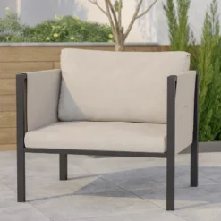 Emma And Oliver Indoor Outdoor Patio Lounge Chair, Steel Framed Club Chair With Cushions And 2 Storage Pockets