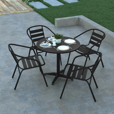 Emma And Oliver 31.5'' Round Aluminum Indoor-Outdoor Table Set With 4 Slat Back Chairs - Image 4