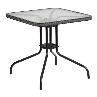 Emma And Oliver 28" Square Tempered Glass Metal Table With Rattan Edging - Image 7