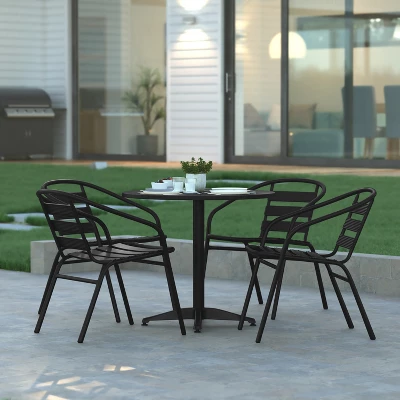 Emma And Oliver 31.5'' Round Aluminum Indoor-Outdoor Table Set With 4 Slat Back Chairs