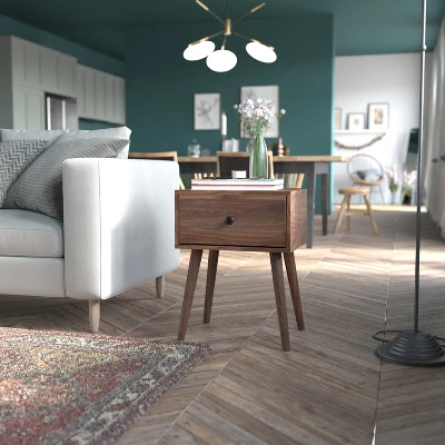 Emma And Oliver Mid-Century Modern Wooden Night Stand With Soft Close Drawer And Sleek Tapered Legs With Protective Floor Glides In Dark Walnut