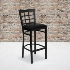 Emma And Oliver Black Metal Window Back Barstool, Black Vinyl Seat