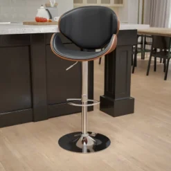 Emma And Oliver Bentwood Adjustable Height Barstool With Curved Vinyl Seat/Back