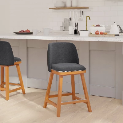Emma And Oliver Upholstered Mid-Back Stools With Nailhead Accent Trim & Wood Frames