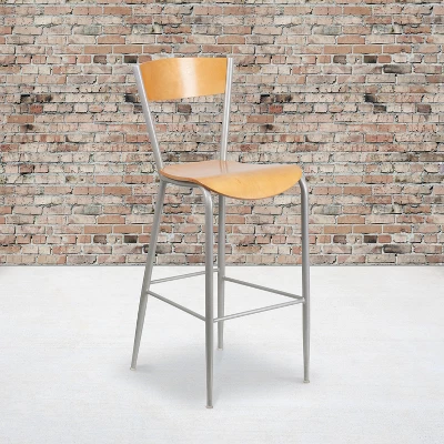 Emma And Oliver 2 Pack Silver Metal Restaurant Barstool - Natural Wood Back & Seat
