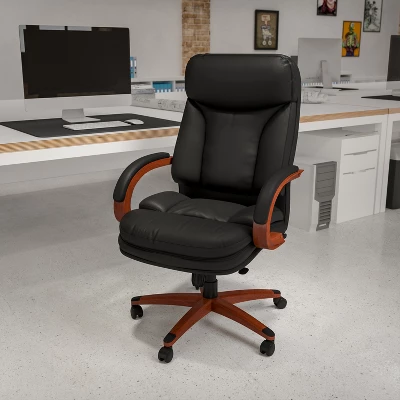 Emma And Oliver High Back Black LeatherSoft Synchro-Tilt Ergonomic Office Chair With Wood Base
