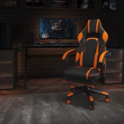 Emma And Oliver Black/Orange Ergonomic Gaming Chair -Recline Back/Arms, Footrest, Massaging Lumbar