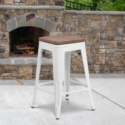 Emma And Oliver 24"H Backless White Metal Counter Height Stool With Wood Seat