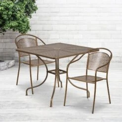 Emma And Oliver Commercial 35.5" Square Metal Garden Patio Table Set W/ 2 Round Back Chairs