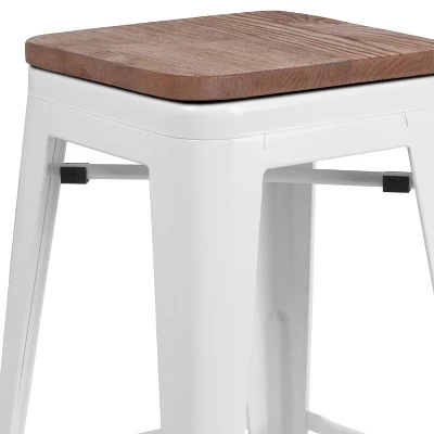 Emma And Oliver 24"H Backless White Metal Counter Height Stool With Wood Seat - Image 8