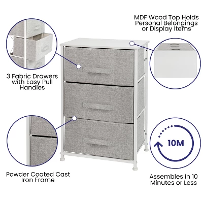 Emma And Oliver 3 Drawer Vertical Storage Dresser With Wood Top & Fabric Pull Drawers - Image 2