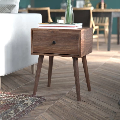 Emma And Oliver Mid-Century Modern Wooden Night Stand With Soft Close Drawer And Sleek Tapered Legs With Protective Floor Glides In Dark Walnut - Image 2