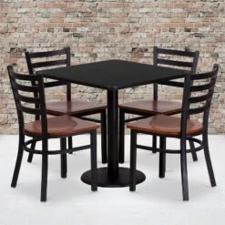 Emma And Oliver 30" Square Black Laminate Table Set, 4 Ladder Back Metal Chairs