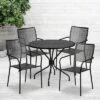 Emma And Oliver Commercial Grade 35.25" Round Metal Garden Patio Table Set, 4 Square Back Chairs