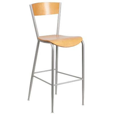 Emma And Oliver 2 Pack Silver Metal Restaurant Barstool - Natural Wood Back & Seat - Image 5