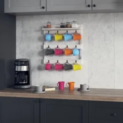 Emma And Oliver Wall Mounted Mug Rack With 12 Coffee Cup Hangers And Built-In Shelf For Coffee, Sugar & More