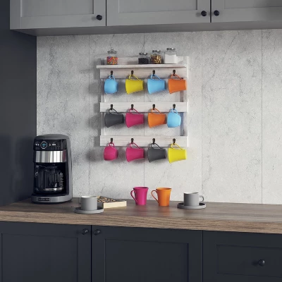 Emma And Oliver Wall Mounted Mug Rack With 12 Coffee Cup Hangers And Built-In Shelf For Coffee, Sugar & More