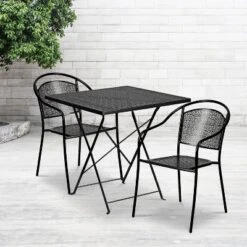 Emma And Oliver Commercial Grade 28" Square Black Folding Patio Table Set-2 Round Back Chairs