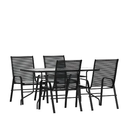 Emma And Oliver Five Piece Patio Table Set With Metal Table With Tempered Glass Top And 4 Flex Comfort Stacking Chairs - Image 12