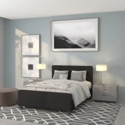 Emma And Oliver Full Size Three Button Tufted Platform Bed In Black Fabric