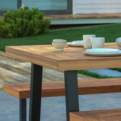 Emma And Oliver Natural Finish Solid Acacia Wood Dining Table With Black Metal Legs For Indoor And Outdoor Use - Image 3