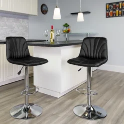 Emma And Oliver 2 Pack Contemporary Black Vinyl Adjustable Barstool With Embellished Stitch Design