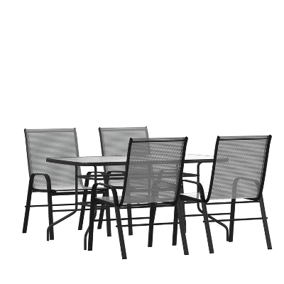 Emma And Oliver Five Piece Patio Table Set With Metal Table With Tempered Glass Top And 4 Flex Comfort Stacking Chairs - Image 10