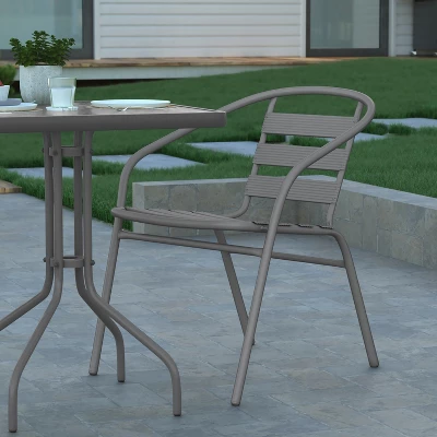 Emma And Oliver 23.5'' Square Glass Top Metal Table With 2 Aluminum Slat Stack Chairs - Image 5