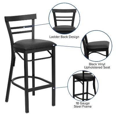 Emma And Oliver Two-Slat Ladder Back Black Metal Restaurant Dining Barstool - Image 2